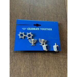 Celebrate Together Hanukkah Earring Set Star of David Menorah Dreidel 3 Pairs